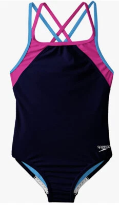 Traje de baño de una pieza SPEEDO para niñas azul marino/multicolor espalda cruzada nuevo con etiquetas 12 Foto 1 de 4