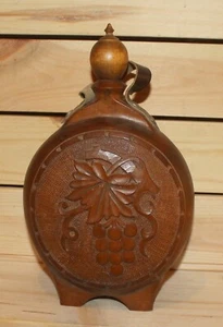 Vintage hand made folk floral carved wood brandy flask bottle - Picture 1 of 9