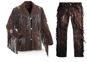 Herren Western Cowboy dunkelbraun Wildleder Leder Fransen Perlen Jacke & Hose WJP27 - Bild 1 von 7