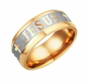 Stainless Steel Gold GP Jesus Wedding Band Mens Jewelry Size 7 Silver Cross - Picture 1 of 1