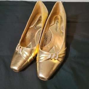 Angel Steps Gold Pointed Toe Gem Detailed Heel Shoes Size 7 1/2W Preowned - Picture 1 of 13