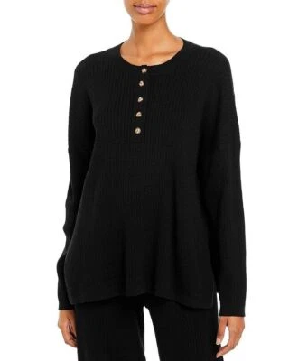 AQUA Top Henley Textured Knit Black Women Sz S NEW NWT BL11 - Image 1 of 2