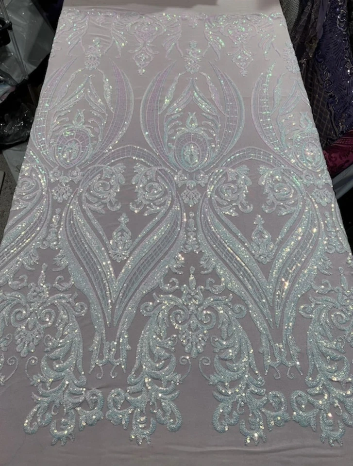 Pink White Iridescent 4way Stretch Sequins Fabric 50” Width 1 Yard - Image 1 of 1