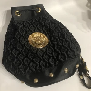 Vintage-Inspired Black Quilted Lion Medallion Bucket Bag – Gold Stud Accents - Picture 1 of 13