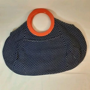 J Crew Navy Blue White Polka Dots Canvas Bag with Orange Circle Handles - Picture 1 of 9