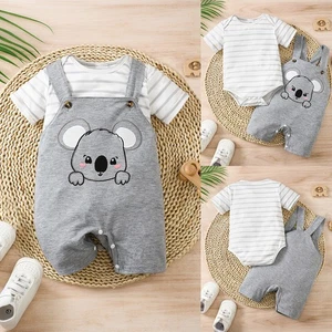 Newborn Baby Koala Print Striped Bodysuit Romper Jumpsuit Outfit Clothes Set - Picture 1 of 17