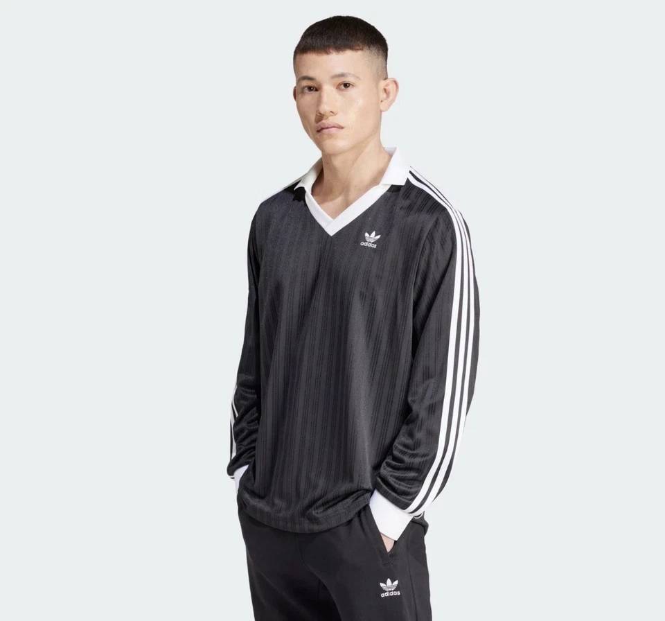 adidas Originals Pique Trefoil V Neck Long Sleeve Shirt Mens XL Black IZ4808