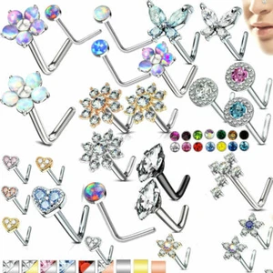L bend Nose stud ring  316L Surgical Steel L opal , CZ gems septum ring 20 gauge - Picture 1 of 78