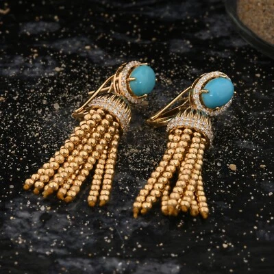 Natural Round H/SI Diamond Turquoise Dangle Beaded Earrings 14k Yellow Gold - Image 1 of 4