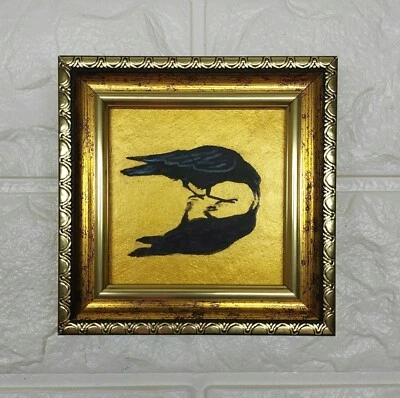 乌鸦阴影画黑鸟乌鸦墙艺术金色绘画框架 — 第 1/4 张图片