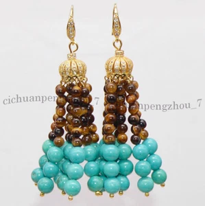 Natural 4mm Yellow Tigers Eye 6mm Blue Turquoise Tassel Crown Dangle Earrings - Picture 1 of 6