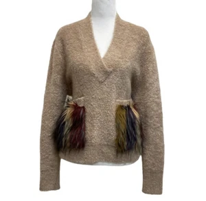 Zara Knit Tan Wool Blend Faux Fur Pocket Fuzzy Teddy Bear Sweater sz M Fluffy - Picture 1 of 13