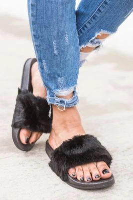 Black Fluffy Faux Fur Single Band Open Toe Women's Slides Flat Sandal Flip Flops - Image 1 of 3