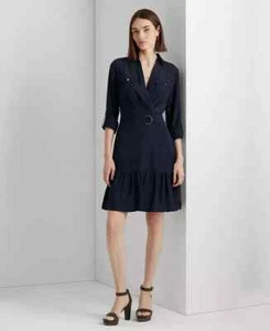 Lauren Ralph Lauren Belted Crepe Shirtdress Women's 4 Navy Collared Long Sleeve - Picture 1 of 19