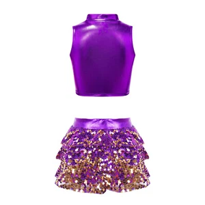 Kids Girls Ballet Dance Dress 2-Piece Metallic Shiny Lyrical Latin Dancewear - Picture 1 of 39