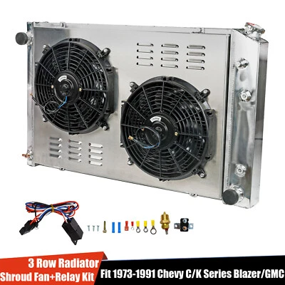 716 3 Row Radiator+Shroud Fan+Relay Fit 1973-1987 Chevy C/K10 20 30 Blazer/GMC - Image 1 of 4