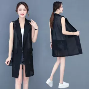 Women Solid Long Mesh Midi Gilet Waistcoat Lapel Suit Vest Hollow Cardigan Chic - Picture 1 of 13