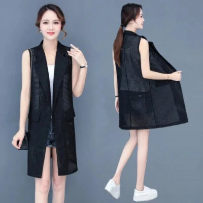 Women Solid Long Mesh Midi Gilet Waistcoat Lapel Suit Vest Hollow Cardigan Chic - Image 1 of 4