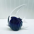 Hand Blown Art Glass Fish Figurine Cobalt Blue White Stripes 7.5” Tall 6 1/4” L