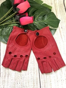 Damen Rot Echtleder Cut Out Snap Motorrad Biker Handschuhe S/M Neu ohne Etikett - Bild 1 von 9