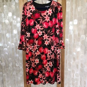 Karl Lagerfeld Paris XL Floral Sheath Dress Ruffle Sleeve Black Pink Stretch - Picture 1 of 10