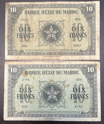 2 billetes de 10 francos de Marruecos 1943 Foto 1 de 2
