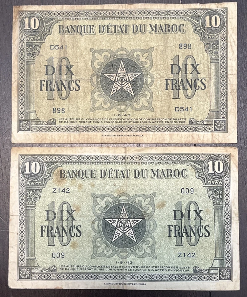 FRENCH MOROCCO 1943 10 Francs 2 Banknotes - Image 1 of 2