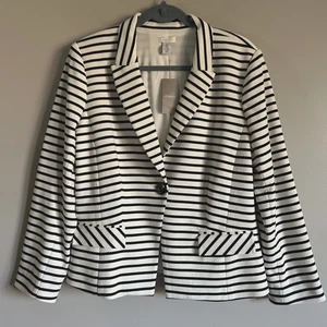 Chicos Blazer Jacket White Black Stripes New Size 2 Womens Large 12 Fully Lined - Picture 1 of 9