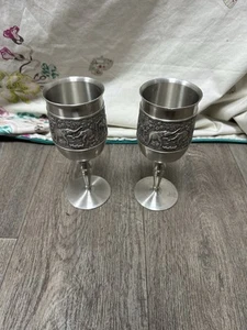 2 x Thailand Silver Bangkok Pewter Goblet - 20 x 8cm - Afbeelding 1 van 11