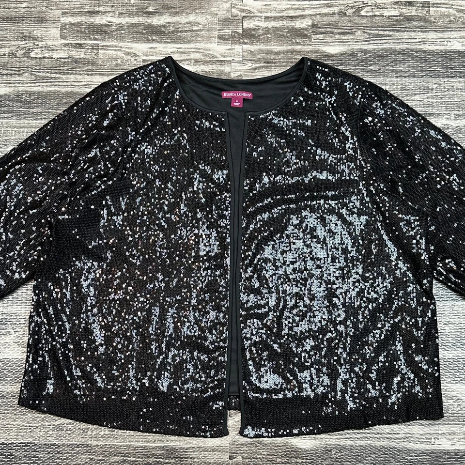 Jessica London Womens Jacket size 22W Black Cropped Open Front plus Sequin Shrug - Image 1 of 4