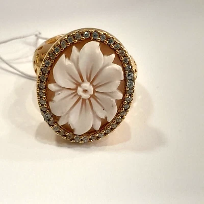 Anello dorato donna con fiore su cammeo in argento 925 nuovo (ea130) - Immagine 1 di 2