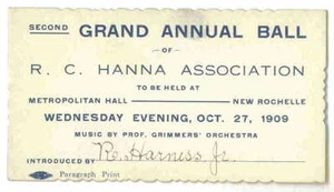 R.C. Hanna Grand Annual Ball Ticket Card - New Rochelle, New York - Oct. 27 1909 - Bild 1 von 1