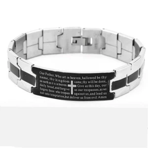 Men's 8" Stainless Steel,CROSS Bible Verses ID 15mm Watch Band Bracelet.Box - Picture 1 of 3