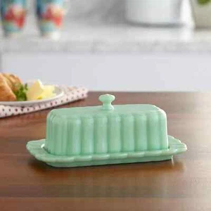 NEW The Pioneer Woman Timeless Beauty Jade Green Milk Glass Covered Butter Dish - Picture 1 of 11