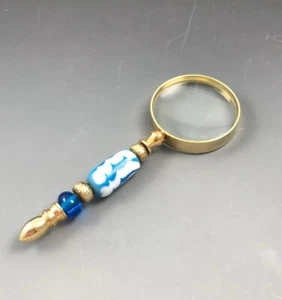 Hand Held Magnifying Glass Gold Tone with Artisan Made Lamp Work Beads  - Picture 1 of 6