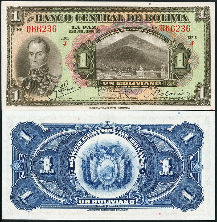 BOLIVIA 1 BOLIVIANO P-118 SIMON BOLIVAR & MOUNTAINS BANKNOTE L.1928 - CRISP AU! - Image 1 of 1