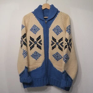 VTG Colorful Blue Cream Cowichan Full Zip Sweater L 60s 70s jacket Cardigan - Picture 1 of 14