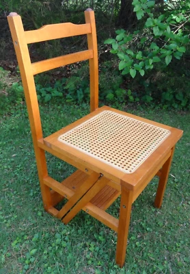 Asiento de mimbre metamórfico silla taburete de colección MCM madera bisagras biblioteca abatible años 70 Foto 1 de 4