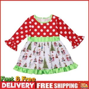 Stitching Casual Children Girl Christmas Puff Sleeve Wave Point Print Dress - Picture 1 of 8