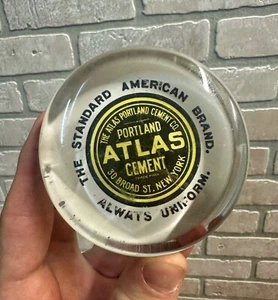 Vintage Atlas Portland Cement Antique Glass Sign Plaque Advertising Paperweight - Picture 1 of 7