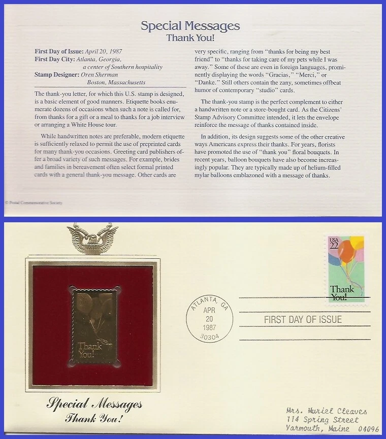USA7 #2269 ADDR GOLDEN REPLICA FDC   Thank You! - Image 1 of 1