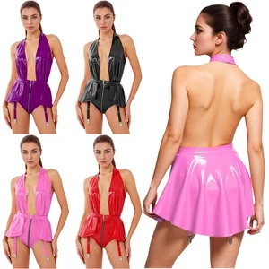 Women's PU Leather Halter V Neck Backless Bodysuit Zipper Crotch Leotard Dress - Picture 1 of 36