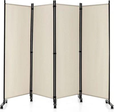 4 Panels Folding Room Divider, 6FT Tall Fabric Privacy Screen W/Metal Frame, Fre - Image 1 of 4
