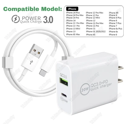 USB Type C 20W Fast Charger Power Adapter USB Cable For iPhone 14 13 12 11 8 7 6 - Image 1 of 4
