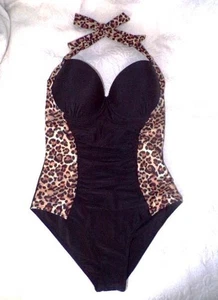 ONE-PIECE BLACK & LEOPARD PRINT SWIMSUIT Size L * NWOT - Picture 1 of 6