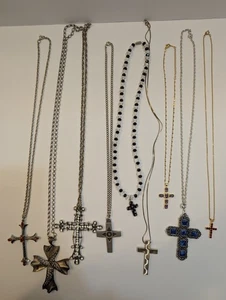Lot Of 9 Cross Necklaces VTG To Now - Picture 1 of 20