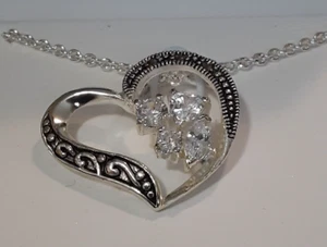 Necklace Heart Pendant Marcasite Cubic Zirconia Silver Tone - Picture 1 of 5