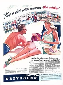 Anuncio impreso vintage 1941 Greyhound Bus Line Super-Coach pareja en la playa - Imagen 1 de 1