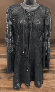 DOTTI Womens Lace Hooded Swimsuit cover up tunic Large black long sleeve - Picture 1 of 6