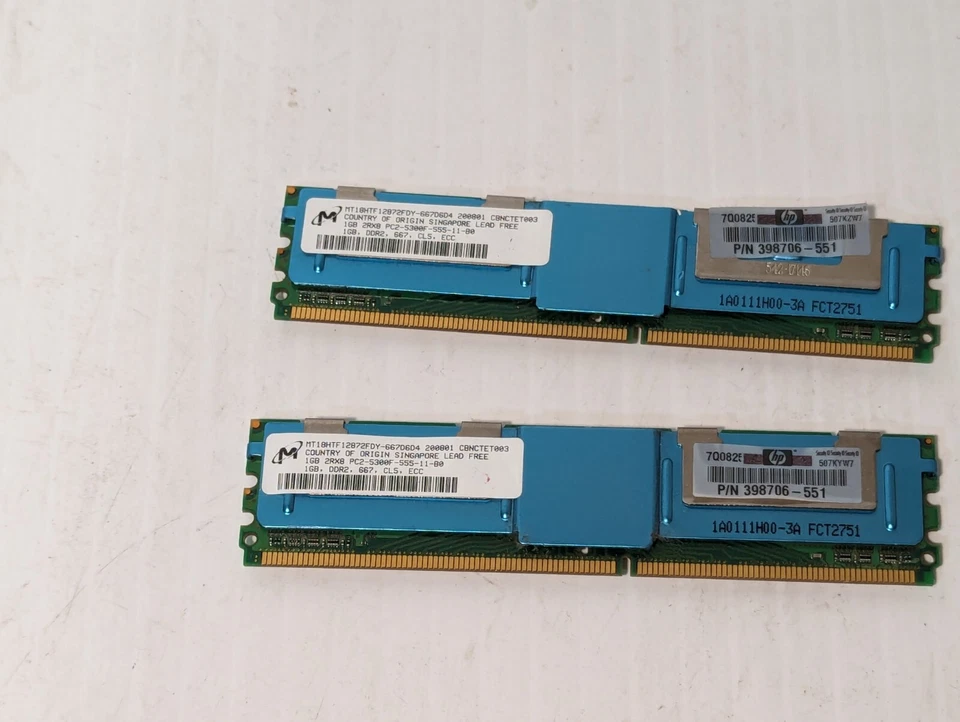 Lot of 2 Micron MT18HTF12872FDY-667F1D4 1GB DDR2-667MHz ECC DIMM - Image 1 of 3